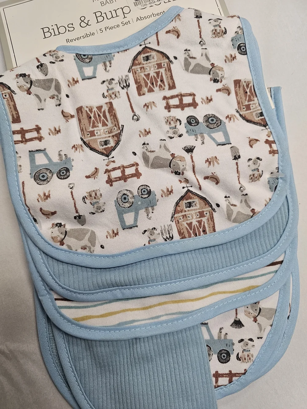 Blue Farm Print Reversible Bibs & Burp Cloth 5 Piece Set
